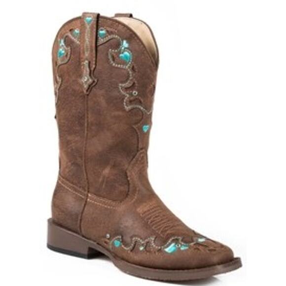 LITTLE GIRLS BROWN VINTAGE WITH TURQUOISE EMBROIDERY AND CRYSTALS - Picture 1 of 8